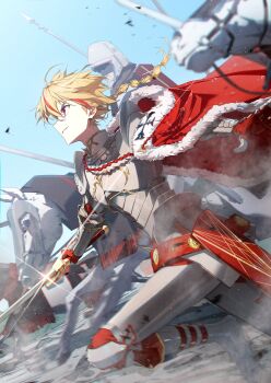 2boys absurdres armor barding blonde_hair blue_sky blurry braid braided_ponytail breastplate cape commentary_request cuirass depth_of_field excalibur_(fate/strange_fake) fate/strange_fake fate_(series) faulds full_armor fur-trimmed_cape fur_trim gauntlets greaves helm helmet highres horse knight male_focus motion_blur multicolored_hair multiple_boys pauldrons plate_armor polearm red_cape red_eyes red_hair richard_i_(fate) satsuki_(satsuki_art) shoulder_armor side_cape sky solo_focus spear streaked_hair sword weapon