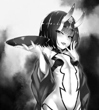 1girl bob_cut commentary_request cup fate/grand_order fate_(series) greyscale headpiece horns kamita monochrome open_clothes open_mouth open_robe revealing_clothes robe sakazuki shuten_douji_(fate) skin-covered_horns smile solo upper_body