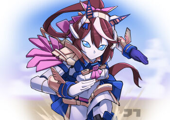 1girl absurdres animal_ears artist_logo ascot blue_eyes blue_gloves brown_hair epaulettes gloves hairband highres horse_ears horse_tail jacket jtleeklm logo mechanical_ears mechanization multicolored_hair no_mouth ponytail robot running running_towards_viewer skirt solo streaked_hair tail tokai_teio_(peak_joy)_(umamusume) tokai_teio_(umamusume) umamusume upper_body watermark white_gloves