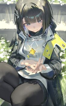 absurdres arknights arknights:_endfield black_hair black_jacket character_request closed_mouth commentary_request erulusyro hair_ornament highres jacket light_smile looking_down medium_hair sitting thighhighs