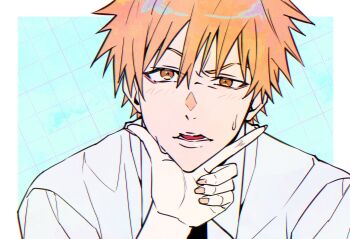 Rule 34 | 1boy, alternate eye color, bleach, hand on another's chin, highres, inoue orihime, kurosaki ichigo, n (nauki 11), necktie, open mouth, orange eyes, orange hair, short hair, simple background, upper body
