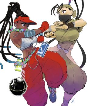 2girls baggy_pants bomb breasts clothing_cutout crop_top dreadlocks explosive fighting_stance fingerless_gloves gloves high_ponytail highres hip_vent hiroshi_mono ibuki_(street_fighter) kimberly_jackson large_breasts mask mouth_mask multiple_girls ninja official_alternate_costume official_alternate_hairstyle pants ponytail scarf scarf_over_mouth spray_can street_fighter street_fighter_6 street_fighter_iii_(series) trait_connection visor_cap