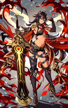 1girl antenna_hair armlet armor artist_name asymmetrical_clothes bandeau beacon_of_the_reed_sea_(genshin_impact) belt belt_buckle black_bandeau black_belt black_boots black_gloves black_pants blonde_hair blue_eyes boots breasts brown_hair buckle cape claw_ring closed_mouth commentary_request criss-cross_halter crossed_bangs dark-skinned_female dark_skin dated dehya_(genshin_impact) elbow_gloves eyelashes eyeshadow fingerless_gloves fingernails fire floating_hair fold-over_boots genshin_impact gloves gold_armlet gold_trim greatsword grey_background hair_between_eyes hair_ears hair_intakes halterneck hand_up head_tilt high_heel_boots high_heels highres holding holding_sword holding_weapon jewelry knee_boots long_hair looking_at_viewer makeup medium_breasts midriff multicolored_hair nail_polish navel ojo_aa outstretched_arm pants pauldrons red_bandeau red_cape red_nails shoulder_armor sidelocks signature single_pantsleg single_pauldron smile smirk solo standing stomach streaked_hair studded_belt sword thigh_strap torn_clothes torn_pants twitter_username very_long_hair vision_(genshin_impact) watermark weapon