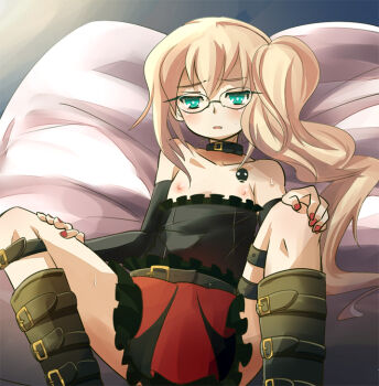 10s 1boy bare_shoulders blonde_hair boots choker collar crossdressing crossdressing_(mtf) gatchaman gatchaman_crowds glasses green_eyes mzk nail_polish ninomiya_rui nipples side_ponytail skirt spread_legs trap wig