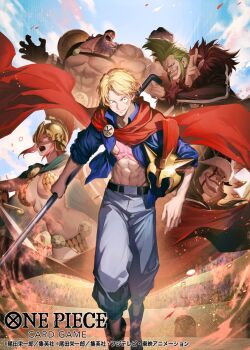 Rule 34 | 1girl, 4boys, abs, bartolomeo, beard, blonde hair, blue shirt, cloak, commentary request, copyright name, crossed fingers, diamante (one piece), evil smile, facial hair, glint, gloves, green hair, helmet, highres, holding, holding unworn helmet, jesus burgess, looking at viewer, multiple boys, muscular, muscular male, namahamu913, official art, one piece, one piece card game, purple hair, rebecca (one piece), red cloak, sabo (one piece), scar, scar on chest, scar on face, shirt, short hair, sidelocks, smile, unworn headwear, unworn helmet, wind