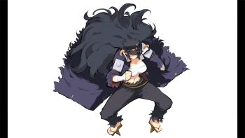 Rule 34 | 1girl, absurdres, arm wrap, banchou, black hair, black hat, black pants, blue jacket, breasts, chest sarashi, clenched hands, daidouji (senran kagura), delinquent, geta, hat, highres, jacket, large breasts, legs apart, long hair, navel, non-web source, official art, pants, pillarboxed, red eyes, sarashi, senran kagura, senran kagura burst, solo, very long hair, white background, yaegashi nan