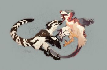 animal_focus artist_name astarcis bone claws dinosaur dynamic_pose fangs feathered_arms feathered_dinosaur feathers fighting full_body highres multicolored_feathers no_humans open_mouth original raptor sharp_teeth simple_background tail teeth utahraptor velociraptor watermark