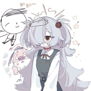 angry belt blue_archive brown_eyes flower grey_hair hair_ornament halo headpat kanoe_(blue_archive) koharu_(blue_archive) light_blush long_hair looking_at_another nagakiras2 ribbon sensei_(blue_archive) simple_background smile white_background