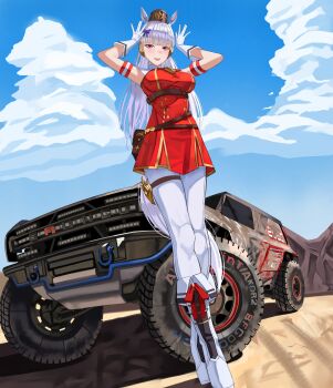 1girl absurdres animal_ears armband arms_up belt_pouch blue_sky blunt_bangs blush boots bow bowtie breasts brown_hat car cloud dress ear_bow ford ford_bronco gloves gold_ship_(red_strife)_(umamusume) gold_ship_(umamusume) grey_hair hat highres horse_ears horse_girl horse_tail irv_v12 large_breasts leggings long_hair looking_at_viewer motor_vehicle open_mouth outdoors pantyhose pillbox_hat pouch purple_bow purple_eyes red_armband red_bow red_bowtie red_dress sky sleeveless sleeveless_dress smile solo striped_armband striped_clothes tail thigh_strap umamusume white_armband white_boots white_gloves white_leggings white_pantyhose