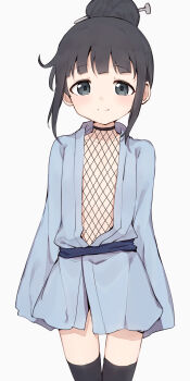 1girl black_eyes black_hair black_thighhighs closed_mouth cowboy_shot fishnets flat_chest hair_bun hair_ornament highres japanese_clothes kunoichi_tsubaki_no_mune_no_uchi loli long_sleeves looking_at_viewer mokuren_(kunoichi_tsubaki_no_mune_no_uchi) sash shone sleeves_past_wrists smile solo thigh_gap thighhighs