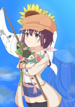 Rule 34 | 2girls, animal print, black thighhighs, blue shorts, blue sky, blush, brown coat, can, cat print, closed mouth, coat, commentary request, cowboy shot, crossed arms, day, denim, denim shorts, domotteru, flag, flower, food, grey eyes, hair between eyes, hat, highres, holding, holding can, holding flag, holding flower, holding food, holding popsicle, holding table tennis paddle, katou umi, leaf, long hair, looking ahead, low ponytail, multiple girls, nanami (summer pockets), origami, outdoors, pink hair, ponytail, popsicle, pringles can, purple hair, sailor hat, see-through body, shirt, shorts, sky, smile, solo focus, split mouth, spoilers, summer pockets, sunflower, thighhighs, two side up, very long hair, watermelon bar, white hat, white shirt, zettai ryouiki