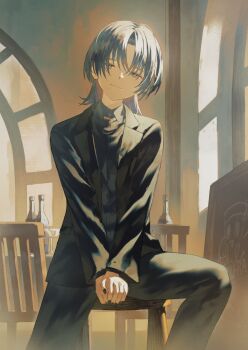 Rule 34 | 1girl, black jacket, black nails, black pants, black sweater, blue eyes, blue hair, blue shirt, bottle, chair, collared shirt, fagi (kakikaki), highres, hiodoshi ao, hiodoshi ao (1st costume), hololive, hololive dev is, indoors, jacket, looking at viewer, medium hair, on stool, pants, shirt, sitting, solo, sweater, virtual youtuber, wolf cut