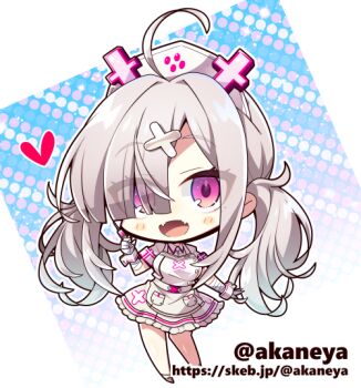 ahoge akaneya apron blush_stickers chibi chibi_only commission dress fangs gloves grey_hair hair_ornament hair_over_one_eye hat holding holding_syringe long_hair nijisanji nurse nurse_cap open_mouth purple_eyes short_dress skeb_commission skin_fangs sukoya_kana sukoya_kana_(1st_costume) syringe twintails twitter_username virtual_youtuber white_apron white_dress white_gloves x_hair_ornament