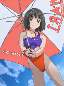 1girl black_hair blue_one-piece_swimsuit bob_cut brown_eyes hal-py highleg highleg_one-piece_swimsuit highres honda koguma_(super_cub) low_angle multicolored_swimsuit one-piece_swimsuit orange_one-piece_swimsuit race_queen short_hair sky smile solo super_cub swimsuit umbrella