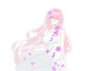 1girl bare_shoulders breasts chinese_commentary commentary_request crystal_flower dress elysia_(herrscher_of_human:_ego)_(honkai_impact) elysia_(honkai_impact) falling_petals highres honkai_(series) honkai_impact_3rd large_breasts lingyu64182 long_hair looking_at_viewer petals pink_hair purple_eyes simple_background solo very_long_hair white_background white_dress