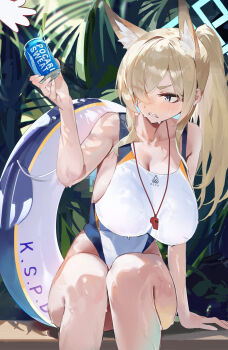 1boy 1girl absurdres animal_ear_fluff animal_ears arm_support blonde_hair blue_archive blue_eyes blush breasts can cleavage commentary competition_swimsuit dappled_sunlight dog_ears dog_girl doodle_sensei_(blue_archive) drink_can hair_over_one_eye highres holding holding_can innertube kanna_(blue_archive) kanna_(swimsuit)_(blue_archive) large_breasts long_hair notched_ear official_alternate_costume official_alternate_hairstyle one-piece_swimsuit pocari_sweat ponytail runfufu sensei_(blue_archive) sharp_teeth sitting solo_focus sunlight swim_ring swimsuit teeth untranslatable_commentary water_drop wet whistle whistle_around_neck white_one-piece_swimsuit