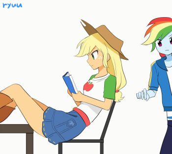 2girls animated animated_gif animification antenna_hair apple_print applejack applejack_(equestria_girls) blonde_hair blue_jacket blue_leggings blue_skin blue_skirt book boots breasts brown_boots brown_hat chair clothes_theft clueless colored_skin commentary cowboy_hat cutie_mark cutie_mark_print denim denim_skirt equestria_girls:_better_together flat_color food_print freckles fruit_print green_eyes hat holding holding_book jacket leggings long_hair low-tied_long_hair multicolored_hair multiple_girls my_little_pony my_little_pony:_equestria_girls my_little_pony:_friendship_is_magic official_alternate_costume open_clothes open_jacket orange_skin profile rainbow_dash rainbow_dash_(equestria_girls) rainbow_hair reading reclining red_eyes ryuu_(ryuraconis) shirt short_sleeves simple_background skirt small_breasts table theft white_background white_shirt wristband