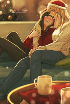 2girls arm_around_neck black_hair black_pants blonde_hair blue_pants blunt_bangs character_name christmas coffee_mug commentary_request couch couple cuddling cup denim eye_contact fingernails from_side grin hair_over_shoulder hand_on_another's_cheek hand_on_another's_face hat highres hoshizora_no_shita indoors jeans lens_flare long_hair looking_at_another mug multicolored_nails multiple_girls nail_polish off-shoulder_sweater off_shoulder on_couch original pants profile reclining red_sweater santa_hat single_bare_shoulder sitting smile straight_hair sweater table turning_head white_sweater yuri