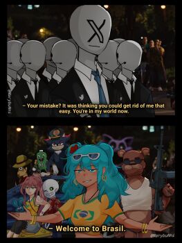 1girl :d animal_ears animal_nose aqua_eyes aqua_hair arm_tattoo assault_rifle bear_boy bear_ears black_fur black_sclera blue_eyes body_fur bow bracelet brazil brazilian_flag brazilian_flag_print brazilian_miku brazilian_twitter_ban brown_hair buck_teeth catnap_(poppy_playtime) colored_sclera crossover dark-skinned_female dark_skin doki_doki_literature_club dollynho earrings english_text eyewear_on_head faceless faceless_male fast_&amp;_furious five_nights_at_freddy&#039;s flag_print flower freddy_fazbear furry furry_male gloves gold_bracelet gold_earrings green_eyes gun hair_bow hair_flower hair_ornament hair_ribbon hat hatsune_miku hedgehog_boy highres holding jewelry long_hair looking_at_viewer mmiklshaek monika_(doki_doki_literature_club) monkey_d._luffy multiple_boys multiple_bracelets one_piece open_mouth photo_background ponytail poppy_playtime purple_fur rectangular_earrings red_eyes red_fur ribbon rifle sans_(undertale) sansao_(turma_da_monica) scar scar_on_face shadow_the_hedgehog shirt sidelocks skeleton smile sonic_(series) straw_hat sunglasses tan tank_top tanline tanline_peek tattoo teeth twintails twitter twitter_username two-tone_fur undertale utdr_(toby_fox) vocaloid weapon white_bow white_gloves white_ribbon yellow_shirt