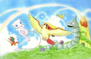 blue_eyes blue_sky charizard closed_mouth cloud day dragonite fangs fire flame-tipped_tail flying fukuyama_keiko gen_1_pokemon golem_(pokemon) legendary_pokemon lens_flare mew_(pokemon) mythical_pokemon nidoking nintendo no_humans official_art onix open_mouth outdoors pidgeot pokemon pokemon_(creature) pokemon_focus pokemon_tcg rainbow red_eyes sky smile tail third-party_source tree venonat volcano