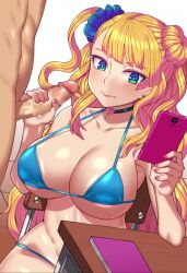 1boy 1girl animated bikini blonde_hair blue_eyes breasts brown_hair cellphone choker cleavage cum cum_on_body cum_on_breasts cum_on_hair cum_on_upper_body ejaculation facial foreskin foreskin_gliding galko handjob heart hetero large_breasts lk_(lk00) medium_penis micro_bikini multitasking nite_(ku3456) oshiete!_galko-chan penis phone sound sweat swimsuit tagme talking_on_phone uncensored video