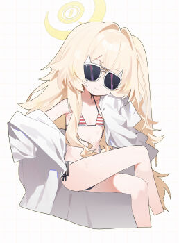 1girl bare_legs bikini black_bikini blonde_hair blue_archive coat cosplay crossed_legs flat_chest hair_between_eyes halo hand_to_head highres invisible_chair kasumi_(blue_archive) kasumi_(blue_archive)_(cosplay) kasumi_(swimsuit)_(blue_archive) lab_coat loli long_hair measho off_shoulder professor_niyaniya_(blue_archive) red_bikini side-tie_bikini_bottom simple_background sitting smile solo striped_bikini striped_clothes sunglasses swimsuit thighs very_long_hair wavy_hair white_background white_coat yellow_halo