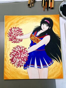 Rule 34 | 1girl, art tools in frame, asaoka natsumi, black hair, blue shirt, blue skirt, brown eyes, cheerleader, clothes writing, commentary request, cowboy shot, hairband, highres, long hair, miniskirt, miura mitsuru, official artist extra, open mouth, pink hairband, pleated skirt, pom pom (cheerleading), shirt, sideways glance, skirt, sleeveless, sleeveless shirt, smile, solo, teeth, the kabocha wine, traditional media, upper teeth only, v-neck, very long hair