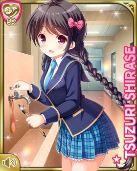 1girl :d ahoge black_hair bow brush card_(medium) character_name day girlfriend_(kari) hair_bow hair_ribbon indoors necktie official_art open_mouth plaid_clothes plaid_skirt pleated_skirt qp:flapper red_eyes ribbon school school_uniform shirase_tsuzuri shirase_tuzuri shoes sink skirt smile socks solo tagme