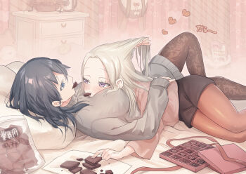 Rule 34 | 2girls, bed, bedroom, between breasts, black hair, blue eyes, blush, box, box of chocolates, breasts, chocolate, commentary request, earrings, edelgard von hresvelg, female byleth (fire emblem), fire emblem, fire emblem: three houses, food in mouth, head between breasts, highres, hug, indoors, jewelry, korokoro daigorou, long hair, looking at another, lying on person, medium breasts, multiple girls, nintendo, on bed, pantyhose, revision, short hair, smile, sweater, turtleneck, turtleneck sweater, twisted torso, yuri