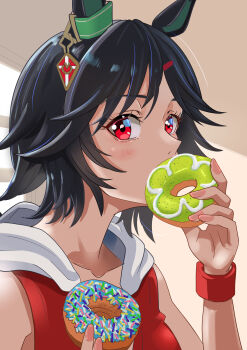 Rule 34 | 1girl, absurdres, animal ears, black hair, commentary request, donut, ear ornament, food, from side, hair ornament, hairclip, highres, holding, holding food, hood, hooded jacket, horse ears, horse girl, jacket, looking at viewer, red eyes, red jacket, shikibara fukka, short hair, sleeveless, sleeveless jacket, solo, umamusume, upper body, white hood, winning ticket (get to winning!) (umamusume), winning ticket (umamusume)