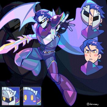 Rule 34 | 1boy, armor, armored dress, black background, blue hair, blush stickers, broken mask, cape, commentary, creature and personification, demon wings, denaseey, dress, english commentary, fingerless gloves, full body, galaxia (sword), gloves, hair slicked back, highres, holding, holding sword, holding weapon, kirby (series), knee up, leg up, looking at viewer, loose hair strand, male focus, mask, meta knight, nintendo, one eye in shadow, outstretched hand, parted lips, pauldrons, personification, short hair, shoulder armor, single wing, solo, sweat, sword, v-shaped eyebrows, weapon, wings, yellow eyes, zoom layer