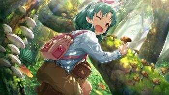 1girl ;d backpack bag basket blue_shirt brown_eyes brown_shorts commentary_request day forest from_behind game_cg green_hair idolmaster idolmaster_million_live! idolmaster_million_live!_theater_days kneeling long_sleeves looking_at_viewer looking_back mushroom nature official_art one_eye_closed open_mouth outdoors pink_bag shirt shorts smile solo third-party_source tokugawa_matsuri wicker_basket