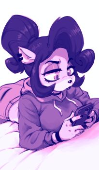 1girl animal_ears animal_nose ass bed black_lips black_nails body_fur bored bracelet breasts cellphone coco_bandicoot crash_bandicoot_(series) denim earrings evil_coco furry furry_female high_ponytail highres hood hoodie jeans jewelry large_breasts limited_palette lying midriff monochrome nitro on_stomach pants phone ponytail ring smartphone two-tone_fur