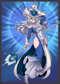 Rule 34 | 1girl, blue dress, clothing cutout, dress, duel monster, gloves, grey hair, hair between eyes, hat, highres, hip vent, holding, holding staff, long hair, looking at viewer, missandydandy, purple eyes, silent magician, staff, tabard, white gloves, white hat, white tabard, wizard hat, yu-gi-oh!