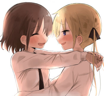 2girls absurdres bad_id bad_pixiv_id blonde_hair blue_eyes blush brown_hair hair_ribbon hanabi_(yuruneko0624) highres kill_me_baby long_hair multiple_girls necktie open_mouth oribe_yasuna ribbon school_uniform short_hair skirt smile sonya_(kill_me_baby) twintails yuri