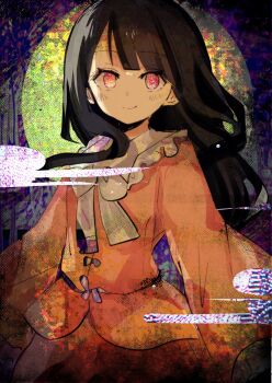 1girl black_hair blunt_bangs bow bowtie collar collared_shirt frilled_collar frills glitch highres houraisan_kaguya kujikimi long_hair long_sleeves looking_at_viewer noise pink_shirt red_eyes red_skirt shirt skirt smile solo touhou white_bow white_bowtie white_collar wide_sleeves