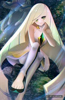 1girl bare_shoulders black_leggings blonde_hair blush breasts dress gem gen_7_pokemon green_eyes green_gem hair_over_one_eye highres kamaniki leggings long_hair looking_at_viewer lusamine_(pokemon) mature_female multicolored_leggings nihilego nintendo parted_lips pokemon pokemon_sun_and_moon shoes sitting sleeveless sleeveless_dress smile two-tone_leggings two-tone_legwear ultra_beast very_long_hair white_dress white_leggings