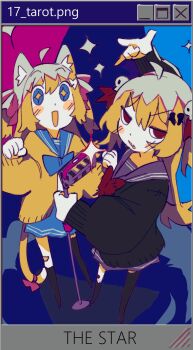 2girls absurdres ahoge animal_ears arm_up black_cardigan black_sailor_collar black_socks black_thighhighs blue_bow blue_bowtie blue_eyes blush bow bowtie brown_hair card_(medium) cardigan cat_ears cat_tail evil_neuro-sama full_body hair_bow highres holding holding_microphone_stand indie_virtual_youtuber long_hair microphone_stand microsoft_windows multiple_girls neuro-sama non-web_source open_mouth pasharuu pink_bow red_bow red_bowtie red_eyes sailor_collar sidelocks smile socks sparkling_eyes tail tarot tarot_(medium) the_star_(tarot) thighhighs two_side_up virtual_youtuber window_(computing) windows_95 windows_classic