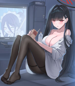 aris_(blue_archive) aris_(maid)_(blue_archive) bare_shoulders black_hair black_halo black_pantyhose blue_archive breasts collarbone commentary_request computer feet halo highres knees_up large_breasts legs long_hair monitor no_shoes pantyhose plastic_bottle red_eyes rio_(blue_archive) shirt shougun_(chuckni1) straight_hair toes very_long_hair white_shirt