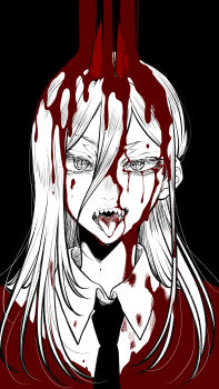 1girl absurdres black_background blood chainsaw_man collared_shirt cross-shaped_pupils demon_girl demon_horns haru_rice highres horns long_hair necktie open_mouth partially_colored power_(chainsaw_man) red_horns sharp_teeth shirt simple_background solo symbol-shaped_pupils teeth tongue tongue_out