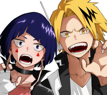 10s 1boy 1girl blonde_hair blue_eyes blue_hair blunt_bangs blush boku_no_hero_academia choker earplugs facial_mark fingerless_gloves gloves half-closed_eyes headphones jiro_kyoka kaminari_denki looking_at_viewer multicolored_hair open_mouth plug simple_background streaked_hair tattoo teardrop_tattoo teeth upper_body white_background yellow_eyes