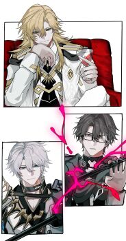 3boys absurdres black_choker black_gloves black_hair blonde_hair blue_eyes bright_pupils brown_eyes cane chinese_commentary choker closed_mouth commentary_request couch cup curtained_hair drinking_glass energy eyes_visible_through_hair glasses gloves green_eyes grey_scarf hair_over_one_eye hand_on_own_chin hand_up highres holding holding_cane honkai:_star_rail honkai_(series) kt-hl long_hair long_sleeves looking_at_viewer male_focus multiple_boys phainon_(honkai:_star_rail) scarf semi-rimless_eyewear sidelocks simple_background single_glove sitting smile under-rim_eyewear void_archives welt_yang white_background white_hair white_pupils white_streaks wine_glass