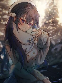 1girl absurdres belt black_hair blue_hair blue_nails blue_ribbon blue_streaks blurry blurry_background blush commentary crossed_bangs detached_sleeves dress fingernails fur_collar hair_between_eyes hair_ornament hand_up hat highres ichinose_uruha ichinose_uruha_(7th_costume) long_fingernails long_hair looking_at_viewer multicolored_hair multicolored_nails nail_polish pink_nails pom_pom_(clothes) pom_pom_hair_ornament purple_eyes ribbon sidelocks signature sitting sleeveless sleeveless_dress smile snow snowing solo sowon_(sowonhae) symbol-only_commentary teeth two-tone_hair two-tone_nails upper_body virtual_youtuber vspo! white_belt white_dress white_hat white_sleeves wide_sleeves