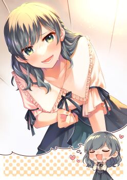 1girl absurdres bent_over black_skirt blush braid breasts chibi cleavage commentary_request commission crown_braid drooling green_eyes grey_hair halftone halftone_background heart highres imagining medium_breasts open_mouth original pink_shirt shirt skeb_commission skirt smile sweat tohyama_shage