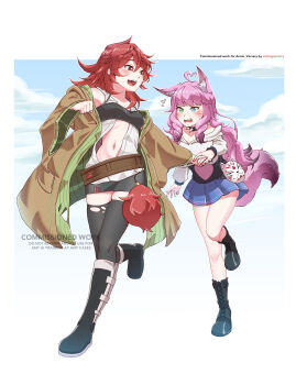 2girls :d absurdres ahoge animal_ear_fluff animal_ears artist_name bandeau bare_shoulders belt black_bandeau black_boots black_collar black_shirt black_skirt black_thighhighs blue_eyes blue_skirt blue_sky blush boots borrowed_character breasts brown_belt brown_robe cloud collar collarbone commentary commission cropped_hoodie day duel_monster english_commentary facial_mark fang fangs flying_sweatdrops fox_ears fox_girl fox_mask fox_tail full_body green_eyes hair_between_eyes heart heart_ahoge heart_print heterochromia highres hiita_(yu-gi-oh!) hiita_the_fire_charmer holding_hands hood hood_down hooded_robe hoodie knee_boots large_breasts long_hair long_sleeves looking_at_another mask medium_breasts miniskirt multiple_girls navel off_shoulder open_clothes open_mouth open_robe original pencil_skirt pleated_skirt pom_pom_(clothes) purple_hair red_eyes red_hair robe running shirt sidelocks skindentation skirt sky sleeveless sleeveless_shirt smile smilingspectra spiked_collar spikes stomach tail teeth thighhighs torn_clothes torn_thighhighs unbuttoned unbuttoned_shirt upper_teeth_only watermark white_hoodie white_shirt yu-gi-oh! zettai_ryouiki