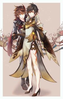 2boys ahoge antenna_hair black_boots black_gloves black_shoes blue_eyes boots border brown_background brown_eyes brown_gloves brown_hair cape china_dress chinese_clothes claw_ring cleavage_cutout closed_mouth clothing_cutout collared_shirt commentary_request cosplay crossdressing crossdressing_(mtf) crossed_bangs detached_sleeves dress earrings elbow_gloves flower frilled_sleeves frills frown genshin_impact gloves gradient_hair grey_jacket grey_pants hair_between_eyes high_heels highres holding_hands iru_gnsn jacket jewelry leg_tattoo long_hair long_sleeves looking_at_another low_ponytail male_focus mandarin_collar mask mask_on_head multicolored_hair multiple_boys ningguang_(genshin_impact) ningguang_(genshin_impact)_(cosplay) orange_hair pants parted_lips ponytail popped_collar red_cape red_mask red_shirt shirt shoes short_hair single_earring sleeveless sleeveless_dress smile standing tartaglia_(genshin_impact) tassel tassel_earrings tattoo very_long_hair vision_(genshin_impact) white_border white_dress wide_sleeves yaoi yellow_dress zhongli_(genshin_impact)
