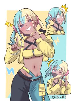 1girl :o aqua_hair blonde_hair blue_eyes breasts canari_(pokemon) cleavage cropped_jacket dark-skinned_female dark_skin giorgio_(yo_sumire_sola1) grin highres index_finger_raised jacket looking_at_viewer mask mask_pull medium_breasts midriff multicolored_hair multiple_views navel nintendo one_eye_closed open_mouth pants pokemon pokemon_legends:_z-a smile split-color_hair stomach twintails two-tone_hair two-tone_pants yellow_jacket