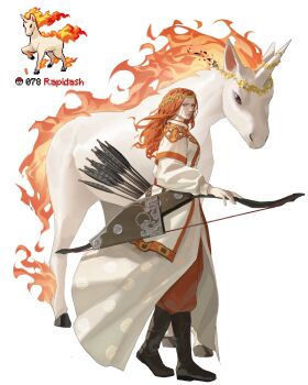 Rule 34 | 1girl, absurdres, arrow (projectile), black boots, boots, bow (weapon), commentary, creature and personification, fiery hair, full body, gen 1 pokemon, highres, long hair, nintendo, orange hair, orange pants, pants, personification, pokemon, pokemon (creature), rapidash, reference inset, robe, simple background, umber, unicorn, weapon, white background, white robe