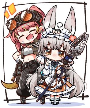 2girls alanna_(arknights) animal_ears arknights bandaged_arm bandages bow chibi closed_eyes commentary_request crop_top goggles goggles_on_head grey_hair hand_on_another&#039;s_head holding kado_(hametunoasioto) long_hair long_sleeves midriff multicolored_hair multiple_girls open_mouth pants pointy_ears rabbit_ears rabbit_girl red_hair simple_background standing streaked_hair tears very_long_hair warmy_(arknights) white_background