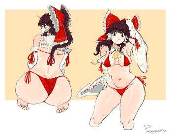 armpits ass bikini bow breasts brown_eyes brown_hair frilled_bow frills hair_ribbon hair_tubes hakurei_reimu kneeling looking_at_viewer looking_back navel pepponeppo ponytail red_bikini ribbon signature simple_background swimsuit thighs touhou